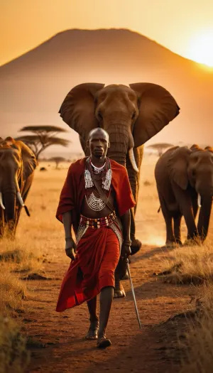 Kenyan warrior Masai, walking in Savannah in sunset, sun setting behind Kilimandjaro, proud, determination, éléphants far in background, warm light