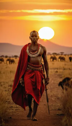 Kenyan warrior Masai, walking in Savannah in sunset with a leo, sun setting behind Kilimandjaro, proud and determination, warm light