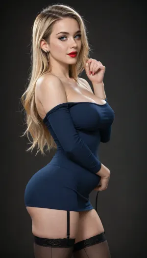 1girl, (solo), breasts, long hair, smile, (soft belly:1.3), (A hand on my belly), solo, blush, light blue eyes, blonde hair, jewellery, (huge breasts:.1), (sagging breast:.5), thighs, (huge cleavage:.5), red lipstick, earrings, (off-the-shoulder long-sleeve skin-tight lycra blue short dress), (goth), (chubby:.2), beautiful waist, (multiple garters), (black stockings), modern apartment, dark walls, sexy pose, slutty pose, perfect hands, (side view:1.4)