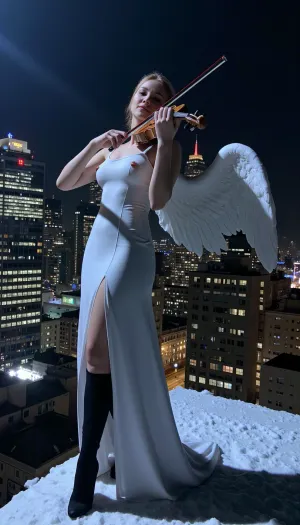 Woman Angel, violinist, on the roof of a high-rise building, New-York city, snowing, night, Christmas