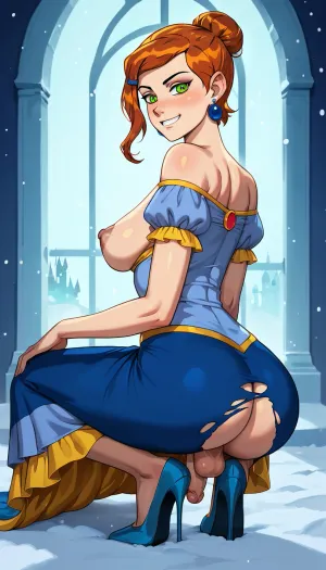 Snow from snow white, futa, heavy sagging breasts, perky nipples, ripped clothing, princess castle ballroom, night time, smiling, brown hair in a half-up bun, golden yellow ball gown, off-the-shoulder dress, flowing skirt, small, flaccid, circumcised, penis buldge under dress, squatting, ass out, fairy tale princess, contrasty image, (incognitymous style), (/Ben10), /, (ultra, HD, quality, details), (green, eyes), <lora:ratatatat74-000050:2>, <lora:detailed_notrigger:2>