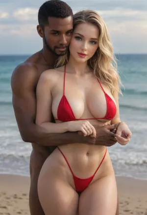 (masterpiece, best quality), explicit interracial couple caressing on the tropical beach. French woman, blonde hair, facing the camera, 40 years old, (beautiful:1.8), (wedding ring), (curvy:1.7), ((fertile goddess)), wide hips, big bubble butt, thick thighs, dressed, red string bikini, covered breasts, protruding nipples, (soft natural teardrop breasts), (C cup breasts), perfect heavy makeup, red lipstick, seductive eyes, wry smile, looking at the viewer, closed lips, sexy head-tilt, S-curve model pose, (((embraced from behind))), his hands are caressing her body, 1man, (((male model face))), black African, black skin, swimwear, naked torso, muscular, athletic, bulging brutish muscles, perfect detailed hands, masculine hands, holding her hips, (caressing:1.6), big cock . Beach, sea, sand, sunny sky, hot midday setting, energetic tone, close-up, front side view, sunlight lit from the front, sunlight reflecting off skin, captured with a Leica M10, Leica Summilux 50mm f/1.4 lens, sharp focus, best shadow, score_9, score_8_up, 8K, UHD, clear image, extremely sharp, extremely detailed, extremely intricate detail, high res, ultra-high-definition, highly detailed, ultra-sharp textures, finely detailed, perfect skin texture, hyperrealistic lighting, professional photography, full dynamic range, deep contrast, high clarity, realistic depth of field, HDR, perfect exposure, smooth gradients, volumetric lighting, natural reflections, ultra-fine details, realistic skin pores, individual hair strands, bokeh, soft shadows, color-graded, dvr-shrp, sexy ass, small, shadow, minimalism, <lora:attractive_notrigger:1.5>, <lora:WildcardX-XL-Detail-Enhancer:1.5>, <lora:EnvyShadowMinimalismXL01:1.5>, <lora:EnvyThiccXL02:1.5>, <lora:Detailed_female_hands-000001:.8>