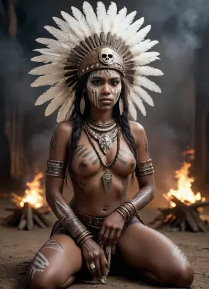 A powerful tribal warrior woman kneeling on one knee, dark skin, wearing tattered ceremonial garments made of cloth and leather, adorned with layered bracelets and necklaces. She has white ritual body paint on her arms and legs, intricate symbols glowing faintly. A dramatic feathered headdress crowns her head, featuring an animal skull at the center. She holds a small flame in her hand, sparks and smoke rising, illuminating her focused, solemn expression. Cinematic lighting, ultra-detailed textures, ash and embers in the air, muted gray background, photorealistic fantasy portrait, dark mystical atmosphere, sharp focus, shallow depth of field, 8k detail, epic concept art, studio quality.