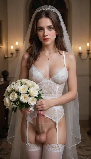 1 femboy, Caucasian, feminine, feminized, long hair in bun, brown hair, wedding lingerie, white garter belt, wedding night, big round breasts, white slutty panties, scared, embarrassed, after anal sex, white wedding veil, white weddingdress, pearl necklace, heavy eye makeup, red lips, blush, big eyelashes, shame, medium cock, holding bouquet of flowers, candles, flower petals, perfect cutie face, Object, gd, sex, toy, medium, erect-femboy, erect-penis, testicles, erection, (negative_v2, Color_Balance_Calibration:.8), blue, hair, green, eyes, gradient, <lora:Penis_XL:.3>, <lora:SDXLlora13ErFut:1.1>, <lora:akane:1.2>