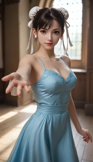 <lora:Chun-Li-SDXL:.8>, chun li thick body in a beautiful bright dress, empty ice rink, professional shot, looking at viewer with a confident smile on her face, reaching for viewer