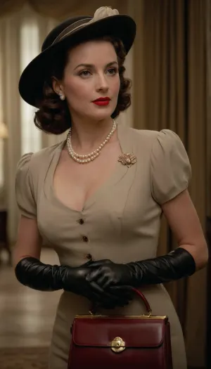 A vintage 1940s scene featuring a sophisticated middle-aged woman, she embraces the fashion trends of the era, with her elegant tailored dress, a pair of classic leather gloves, vintage-style hat set at a jaunty angle, and a delicate string of pearls. The woman is of Caucasian descent, her hair styled into smooth rolls and curls, popular in that era. Her makeup showcases pronounced eyebrows, red lipstick, and well-defined eyes. In her hand, she carries a quaint leather handbag. Her expression emanating a confident look filled with the grace and charm befitting the era. full body view