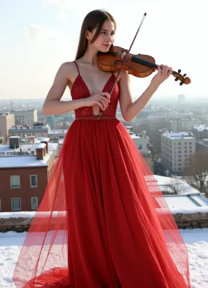 (masterpiece, best quality, high detail, photorealistic), A beautiful 28y.o. female violinist, slim build, wearing a red dress, playing a violin, standing on the roof of a high-rise building, snowy winters day, city rooftops in the background, outdoors, (sunlight), detailed textures, high quality hands