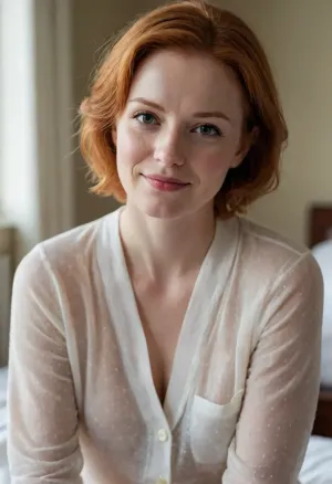 main female character of the most famous novel by Nabokov as described in novel, transparent pajamas, without makeup, petite body, narrow chest, flat chest, short haircut, natural ginger hair, (smirk:1.3)