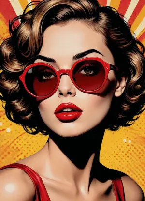 Create a bold pop-art poster illustration using the uploaded photo as the main reference. The person’s face, proportions, facial features, and expression must closely match the reference photo.
Illustrate the portrait in a vintage pop-art / comic-book style with strong graphic contrast, halftone dot textures, and rough ink outlines. Use a limited but striking color palette dominated by red, yellow, black, and beige tones.
The subject is centered, facing forward, wearing oversized round sunglasses with tinted lenses and glossy red lips. Hair is slightly messy and stylized with dynamic ink strokes.
Add a gritty, textured background with splatter effects and halftone patterns, giving a retro propaganda poster vibe.
High-detail illustration, screen-print texture, dramatic lighting, graphic poster composition, edgy editorial art style, no realism, no photo look., pop, art, style, <lora:pop_art_style:.8>