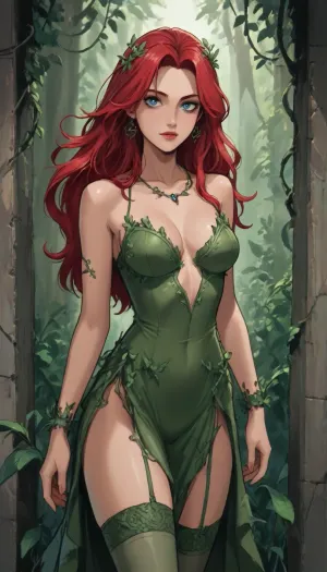 Score_9, score_8_up, score_7_up, reiq meets markgavatino art style, Poison Ivy from DC Comics, very long windblown hair, green skin, scene, lip pierced, petite, erected nipples, medium breasts, cleavage, big blue eyes, stockings, garter, green leafy vine dress with vines growing around breasts, standing Poison Ivy Lair, cute, doodle, ratatatat74, <lora:cutedoodle_XL-000012:.8>, <lora:ratatatat74-000050:.8>, <lora:NEOTOKIOXL_0.2_RC:.8>, <lora:outline_xl_kohaku_delta_spv5x:.8>