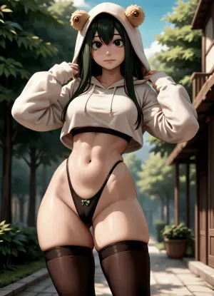 boku_no_hero_academia asui_tsuyu 1girl, arms_up black_eyes black_hair black_thighhighs cameltoe closed_mouth cropped_hoodie hair_between_eyes highleg black_highleg_pantywear hood hoodie jacket long_hair looking_at_viewer midriff narrow_waist navel paggi_outfit pear-shaped_figure skindentation solo standing thick_thighs thighhighs thighs thongg underwear wide_hips, (<lora:3D XL:1.5>), (((animated, anime coloring, anime style:1.4)))