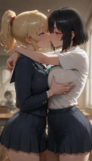 2girls, lesbian, big tits, cute faces, 1blonde, 1black hair, 1ponytail, 1short hair, pleated skirt, school uniform, smiling, sparkling eyes, glowing eyes, 1blue eyes, 1red eyes, groping, sweating, kissing
