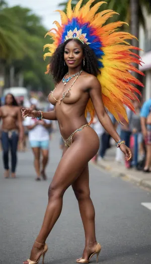 25 year old athletic topless carnival dancer, curvy, luscious nude breasts with dark nipples, round sexy ass, long toned legs, thong, dark skin ebony African, dancing on the street, carnival, Nassau, bright colors feather costume, posing, full view, tall