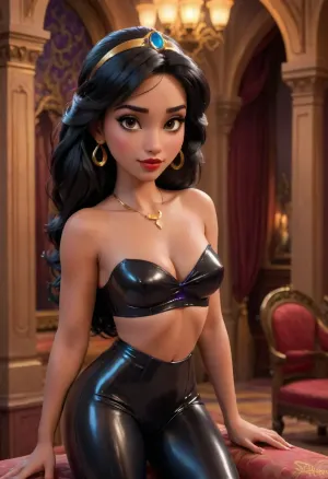 (the whole picture is drawn in Disney cartoon style:1.5), Princess Jasmin as black latex slut, (dominant mistress pose:1.3), smirk, empty Agrabah palace interior, <lora:princess_xl_v2:.7>