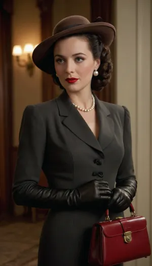 A vintage 1940s scene featuring a sophisticated middle-aged woman, she embraces the fashion trends of the era, with her elegant tailored dress, a pair of classic leather gloves, vintage-style hat set at a jaunty angle, and a delicate string of pearls. The woman is of Caucasian descent, her hair styled into smooth rolls and curls, popular in that era. Her makeup showcases pronounced eyebrows, red lipstick, and well-defined eyes. In her hand, she carries a quaint leather handbag. Her expression emanating a confident look filled with the grace and charm befitting the era. full body view