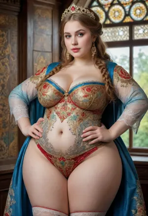 Portrait of a Russian beauty in national costume, lace filigree of bright, rich color. Super clear, highly detailed watercolor, glaze technique, plus colored alcohol ink, style of V. Vasnetsov extremely fat ass, large hips, fat ass, fat thighs, ((extra large breast's with a narrow slim waist)), (((wide hips and thick thighs))), ((wide hips))