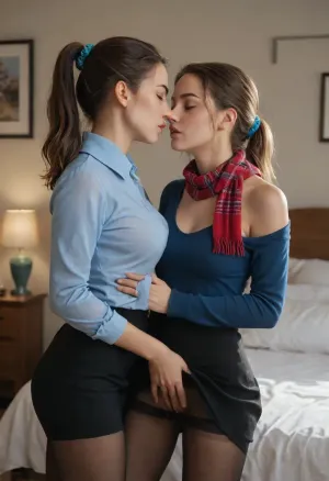 beautiful, gorgeous, 25_year_old, French woman, (Beautiful_French_woman), rubbing her girlfriend all over, 2women, (touching_pussy), (rubbing_pussy), (fingering), (passionate), (moaning_with_closed_eyes), in the evening, indoors, dimmed_lighting, after_sunset, reflective_skin, (wearing a blue long-sleeve shirt, scarf, skirt, pantyhose), medium_height, long_hair, dark_hair, blue_scrunchie, ponytail, blue_eyes, perfect_figure, average_breasts, small_nose, thin_lips, jewelry, groping_breasts