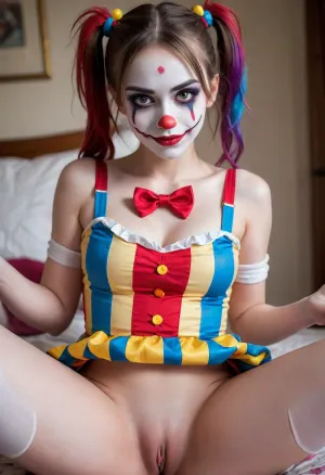 young beautiful girl 18 years old clown girl with big breasts, wearing a pulled-up dress without any underwear, laying on her back with spread legs, no panties, long striped socks, clown makeup, skinny, white face paint, detailed vagina, looking at the viewer, back long high twin multi-colored ponytails, excited, aroused, tack sharp, 4k, dslr
