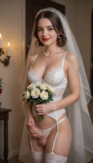 1 Futanari, Caucasian, feminine, feminized, Long brown hair, wedding lingerie, white garter belt, wedding night, BIG ROUND breasts, white slutty panties, flirty smile, white wedding veil, white weddingdress, pearl necklace, heavy eye makeup, red lips, blush, big eyelashes, shame, medium cock, BIG cumshot, holding bouquet of flowers, candles, flower petals, perfect cutie face, night time, Object, gd, sex, toy, medium, erect-femboy, erect-penis, testicles, erection, (negative_v2, Color_Balance_Calibration:.8), blue, hair, green, eyes, gradient, <lora:Penis_XL:.5>, <lora:SDXLlora13ErFut:.7>, <lora:akane:.9>