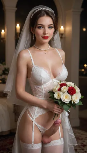 1 Futanari, Caucasian, feminine, feminized, Long brown hair, wedding lingerie, white garter belt, wedding night, BIG ROUND breasts, white slutty panties, flirty smile, white wedding veil, white weddingdress, pearl necklace, heavy eye makeup, red lips, blush, big eyelashes, shame, medium cock, holding bouquet of flowers, candles, flower petals, perfect cutie face, night time, Object, gd, sex, toy, medium, erect-femboy, erect-penis, testicles, erection, (negative_v2, Color_Balance_Calibration:.8), blue, hair, green, eyes, gradient, <lora:Penis_XL:.5>, <lora:SDXLlora13ErFut:.7>, <lora:akane:.9>