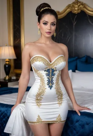 (Modern aristocrat), silk bedsheets, modern mansion bedroom, (modern wealthy women in white bodycon dress with blue and gold embroidery, standing in front of bed), modern era mansion bedroom, ((guilded black marble bedroom theme, tufted headboard)), pitch black hair in a hair bun, arms crossed under breasts, many many pillows, embroidered bodycon dress, hourglass figure, adorned with plenty of gold jewelry, strapless shoulderless dress, bottomheavy, big, ass, huge, gigantic, thick, thighs, massive, <lora:bottomheavy_v1_sdxl_LoRA:.8>