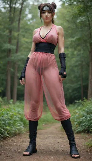 Tenten from naruto. slender muscular young woman. Wearing pink transparent sexy ninja gear, transparent konoha, Naruto transparent ninja outfit, ((open transparent ninja clothes)), . Brown hair. Leaf village headband. Buns. Cleavage. 25 years old. Bottom view. Close up panty. Eye contact., ((full body view))