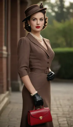 A vintage 1940s scene featuring a sophisticated middle-aged woman, she embraces the fashion trends of the era, with her elegant tailored dress, a pair of classic leather gloves, vintage-style hat set at a jaunty angle, and a delicate string of pearls. The woman is of Caucasian descent, her hair styled into smooth rolls and curls, popular in that era. Her makeup showcases pronounced eyebrows, red lipstick, and well-defined eyes. In her hand, she carries a quaint leather handbag. Her expression emanating a confident look filled with the grace and charm befitting the era. full body view