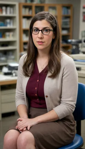 NSFW, "Realistic photo of Mayim Bialik as Amy Farrah Fowler from 'The Big Bang Theory', wearing a cardigan and a long skirt, sitting in a messy neuroscience lab, with lab equipment in the background. She has brown hair combed to the side and wears glasses. Serious but slightly curious facial expression. Soft, natural lighting. Portrait-style photography, 8k, high resolution."