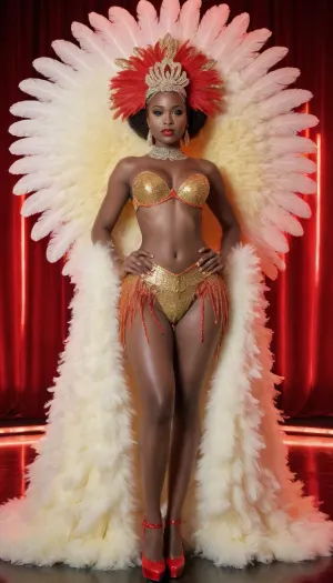 Lupita Nyongo dressed in an Ultra-glam topless nude Vegas showgirl costume in electrifying red and gold with a high-gloss wetlook finish, glowing under vivid neon lighting. Sculpted corset-style topless nude bodice made of radiant lacquered satin, drenched in rhinestones, ruby crystals, sequins, glittering metallic beading, and reflective wet-shine accents that intensify the neon glow. Long flowing angel sleeves of sheer sparkling chiffon with glossy, liquid-like shimmer.

Massive showgirl puffball skirt and feathered backpiece transformed with wetlook coating and iridescent neon edges, layered satin ruffles, jeweled embroidery, and a dramatic crystal-studded train that glows under ultraviolet and neon highlights. Oversized showgirl headdress, towering red-and-gold ostrich plumes with neon tips, rhinestone detailing, and a gem-encrusted crown base emitting soft neon reflections.

Accessories include glossy satin opera gloves with wetlook sheen, huge rhinestone chandelier earrings, neon-reactive gemstone necklaces, glittering bracelets, and jewel-lined performance heels. Added elements, glowing feather plumes, sparkling fringe that flickers with neon bursts, reflective crystal accents, and stage-flare gleam effects. Overall aesthetic, hyper-luminous, futuristic, electrified showgirl glamour—classic Vegas meets neon nightclub fantasy. Shot with dramatic neon stage lights, wet-shine reflections, UV glow, and hyper-detailed textures
