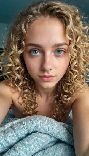 Blond 18 years old, no make up, skinny girl with long curly hairs is doing a sexy selfie in the bed, she is undressed but uses the blankie to cover herslef. showing the curves. 70C size, blue eyes, dark light in the room, foto from a selfiecam