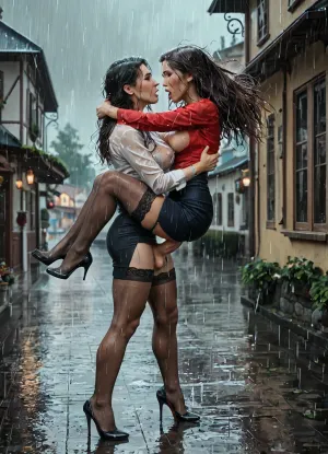 Outdoors, Prague, Old Town Square, raining, masterpiece, best quality, highly detailed, side view, ((2 Gorgeous athletic 35 year old European futanari executive women having sex in Old Town Square Prague, in a rain storm, blouse, pencil skirt, stockings, high heels)), (2 girls:1.2), 2 futanari, in the rain, firm C Cup breasts, (girl being fucked in the anus by futanari's massive penis, brutal anal sex, suspended congress, anal, anal sex, futa on futa sex), (erected penis:1.1), (girl is mid-air, riding penis deeply up her ass, suspended congress), (leg lock:1.3), (girls embracing, caressing, fondling, hugging each other, there is distance between their bodies as the girl being fucked leans away slightly), sensual, beautiful face, (extremely long thick full messy hair:1.1), (water drops on breasts, water on body, raindrops on face, wet body, wet hair:1.2), wet bodies, water droplets, (very wet hair:1.2), ((moaning, aroused)), ((orgasm)), (girl having sex moans out of sexual pleasure), ((perfect pussy)), waist, (perfect hands, 5 fingers:1.2), (fogged glass:1.3)