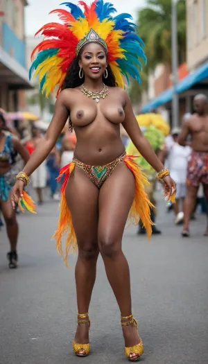 25 year old athletic topless carnival dancer, curvy, luscious nude breasts with dark nipples, round sexy ass, long toned legs, thong, dark skin ebony African, dancing on the street, carnival, Nassau, bright colors feather costume, posing, full view, tall