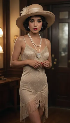 An image of a confident Hispanic woman, dressed in vintage 1920s glamour fashion. Her elegance from the 1920s era is presented with her flowing fringe dress, wide-brimmed hat tilted at an angle, and long pearl necklace. vintage lingerie, high heels, She stands tall, holding a cigarette in one hand, exuding confidence and charm, surrounded by an ambient setting that harks back to the days of classic Hollywood.
full body view