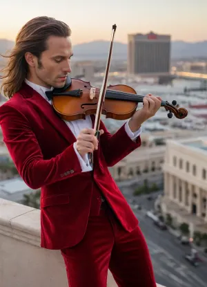 Hyperrealistic 8k, Niccolo Paganini, the Devil's Violinist, passionately playing his Stradivarius violin in a dynamic pose on the rooftop of Caesars Palace in Vegas. His elegant red velvet suit and flowing hair. Detailed hands playing the violin. Detailed violin. Cinematic atmosphere. Sharp edges. High-quality, precise details. Side view from above capturing half his body on the rooftop overlooking Vegas, playing his violin in a dynamic and passionate pose.