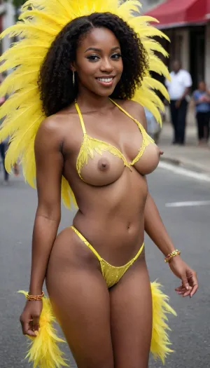 25 year old athletic topless carnival dancer, curvy, luscious nude breasts with dark nipples, round sexy ass, long toned legs, thong, dark skin ebony African, dancing on the street, carnival, Nassau, neon-yellow feather costume, posing, full view, tall
