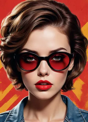 Create a bold pop-art poster illustration using the uploaded photo as the main reference. The person’s face, proportions, facial features, and expression must closely match the reference photo.
Illustrate the portrait in a vintage pop-art / comic-book style with strong graphic contrast, halftone dot textures, and rough ink outlines. Use a limited but striking color palette dominated by red, yellow, black, and beige tones.
The subject is centered, facing forward, wearing oversized round sunglasses with tinted lenses and glossy red lips. Hair is slightly messy and stylized with dynamic ink strokes.
Add a gritty, textured background with splatter effects and halftone patterns, giving a retro propaganda poster vibe.
High-detail illustration, screen-print texture, dramatic lighting, graphic poster composition, edgy editorial art style, no realism, no photo look.