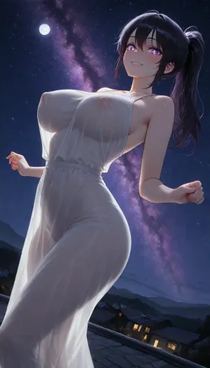 solo, night, house, standing on roof, night sky, stars, falling stars, moon, (milky way), (cold light), pale skin, (sparkling eyes:1.4), (glowing eyes:1.1), (dynamic pose:1.3), (dynamic angle:1.4), bending back, looking at viewer, blushing, (black hair:1.2), ponytail, long bangs, (purple eyes:1.1), (loose wide white dress:1.3), free shoulders, confident, sassy, (big chest), mature, (see-through_silhouette:1.2), hard nipples, teeth smile, slim silhouette, <lora:light_see:.5>