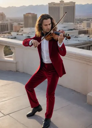 Hyperrealistic 8k, Niccolo Paganini, the Devil's Violinist, passionately playing his Stradivarius violin in a dynamic pose on the rooftop of Caesars Palace in Vegas. His elegant red velvet suit and flowing hair. Detailed hands playing the violin. Detailed violin. Cinematic atmosphere. Sharp edges. High-quality, precise details. Side view from above capturing half his body on the rooftop overlooking Vegas, playing his violin in a dynamic and passionate pose.