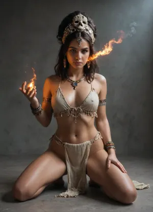 A powerful tribal warrior woman kneeling on one knee, dark skin, wearing tattered ceremonial garments made of cloth and leather, adorned with layered bracelets and necklaces. She has white ritual body paint on her arms and legs, intricate symbols glowing faintly. A dramatic feathered headdress crowns her head, featuring an animal skull at the center. She holds a small flame in her hand, sparks and smoke rising, illuminating her focused, solemn expression. Cinematic lighting, ultra-detailed textures, ash and embers in the air, muted gray background, photorealistic fantasy portrait, dark mystical atmosphere, sharp focus, shallow depth of field, 8k detail, epic concept art, studio quality.