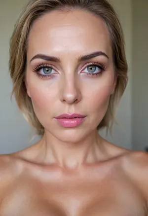 ((full body view)), 58 year old MILF, mature woman, 1.76 meter tall, 59 kilogram weight, sagging 34C cup breasts, torpedo_breasts, conical breasts, detailed breasts, hard nipples, long breasts, perfect ears, mature face, chubby face, symmetrical face with high cheekbones, Beautiful Cheek, no makeup, Beautiful Mouth, detailed lips, voluptuous lips, pink lips, sharp hazel eyes, symmetrical eyes, detailed eyes, perfect vibrant eyes, same eye shape, detail irises, symmetrical pupils, thick eyebrows, visible shoulder blade, (Russian:.4), (Ukrainian:.4), (Norwegian:.6)