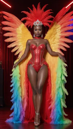 Lupita Nyongo dressed in an Ultra-glam topless nude Vegas showgirl costume in electrifying red and gold with a high-gloss wetlook finish, glowing under vivid neon lighting. Sculpted corset-style topless nude bodice made of radiant lacquered satin, drenched in rhinestones, ruby crystals, sequins, glittering metallic beading, and reflective wet-shine accents that intensify the neon glow. Long flowing angel sleeves of sheer sparkling chiffon with glossy, liquid-like shimmer.

Massive showgirl puffball skirt and feathered backpiece transformed with wetlook coating and iridescent neon edges, layered satin ruffles, jeweled embroidery, and a dramatic crystal-studded train that glows under ultraviolet and neon highlights. Oversized showgirl headdress, towering red-and-gold ostrich plumes with neon tips, rhinestone detailing, and a gem-encrusted crown base emitting soft neon reflections.

Accessories include glossy satin opera gloves with wetlook sheen, huge rhinestone chandelier earrings, neon-reactive gemstone necklaces, glittering bracelets, and jewel-lined performance heels. Added elements, glowing feather plumes, sparkling fringe that flickers with neon bursts, reflective crystal accents, and stage-flare gleam effects. Overall aesthetic, hyper-luminous, futuristic, electrified showgirl glamour—classic Vegas meets neon nightclub fantasy. Shot with dramatic neon stage lights, wet-shine reflections, UV glow, and hyper-detailed textures