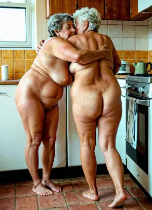 full view, side view, two naked granny, 78 old women, lesbian, tan lines, they are fat grannys, dark short hair, hug, legs between legs, wide spread hairy cunts, hand masturbation, in kitchen, no dress, visible hairy anus, old asses and skin.