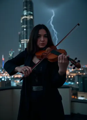 Devil violinist playing a Stradivarius on the rooftop of the Burj Khalifa during a storm. Detailed face, detailed violin, penetrating gaze, detailed hands, detailed bow, Dubai background, night, ultra-realistic, color grading, cinematic 8K.