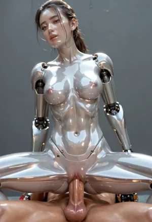 Super detailed, super quality, Hajime Sorayama style, (beautiful Cybernetic woman), (masterpiece, best quality), Brunette, medium breasts, naked, sci-fi, (silver face), (still silver body), (shiny silver skin:2), (cyber body), (mechanical joints of arms, mechanical joints of legs, mechanical joints of hips, mechanical joints of neck), (full figure visible), (wide apart legs), (pussy fucking), big dick, cowgirl sex position, reverse, cowgirl, white, cock, black, closeup, cs-m3tal-ok_v06-1000, <lora:reverse-cowgirl-xl-2.0:1>