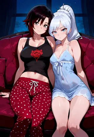 Ruby Rose, (RWBY), and Weiss Schnee, cuddling with each other on the couch in their pajamas., (Weiss Schnee is a tall, skinny woman with long, white hair, blue eyes, wearing a blue transparent nightgown.), (Ruby Rose is a short, petite woman with short black hair, grey eyes. Ruby is wearing a black tank top and long pink polka-dot pajama pants.), Dark, dim living room, cozy couch.

2 girls, assigned clothes, cuddling, hugging, soft, warm, 4k detail, clear, crisp.