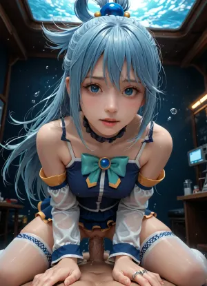 1girl, Aqua, KonoSuba series, adult woman, 36 years old, cheerful face, kneeling over viewer, bent over, fucked cowgirl by viewer, (big penis), cock deep into vagina, (deep penetration), exaggerated squirting, powerful squirting, squirt dripping heavily, wet pussy, water theme, glowing lights, window with underwater view, energy gauge, glowing instruments, detailed background, high angle, in underwater research laboratory, <lora:detailed_notrigger:.8>, ksaqua, blue hair, rings, blue, shirt, bow, detached, sleeves, skirt, thighhighs, bare, shoulders, <lora:konosuba_aqua_xl-000004:.8>, underwater, research, l4b0r4t0ry, <lora:underwater_research_l4b0r4t0ry:.8>