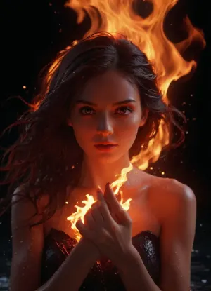A powerful elemental witch with a striking theme of duality, her left side engulfed in blazing fire and her right side flowing with icy water. Her intense gaze radiates determination and mystique as flames swirl from one hand while cascading water bursts from the other. Her hair blends seamlessly between burning embers and crystalline droplets, glowing with magical energy. The background is a dark and misty atmosphere with contrasting warm orange firelight and a hyper-realistic fantasy portrait, dramatic lighting, cinematic style, ultra-detailed textures, 8K resolution., ice, and, water, ring, fiery, aura, <lora:xl0918ice-water:.8>, <lora:Fiery_aura_XL_-_Burning_passion:.8>, <lora:Hegre-Nude_woman-000001:.8>