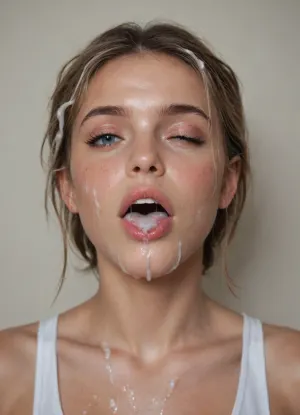 brune playmate face with massive cumshot detailed, big load of cum everywhere in hair, one eye is closed with cum on it, tongue is out with cum dripped from his it onto his chin.