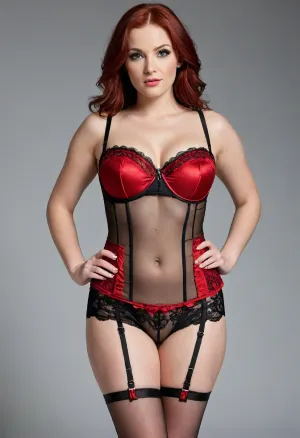 *The lingerie the curvy redheaded milf wears is a masterpiece of sensual design, crafted to accentuate every curve and crevice of your voluptuous figure. The main piece appears to be a corset-style top with delicate lace panels that cover just enough to maintain a hint of modesty while still showcasing the swell of your breasts.*

*The corset's bodice features intricate floral embroidery in deep crimson that matches the color scheme perfectly. It cinches at the waist, creating a flattering hourglass silhouette before flaring out into flowing ruffles that add movement and drama as you move.*

*Beneath the corset, sheer black mesh cups provide subtle support for your ample bust, leaving little room for imagination as they barely contain your generous assets. A delicate gold clasp adorns each cup, adding an air of luxury and sophistication.*

*The matching bottoms are high-waisted briefs with more lacy cutouts along the sides, offering tantalizing glimpses of skin when you walk or bend over. They're held together by thin straps that tie at the back in bows made from rich red satin ribbon.*

&nbsp;

*To complete the look, a sheer red garter belt with gold trim is designed to be worn over your stockings. It features adjustable straps and hooks in the back to ensure a secure fit as you move around.*

*As she struts in this provocative ensemble, Santa's eyes sparkle with anticipation, clearly eager to see her in such tantalizing attire.*