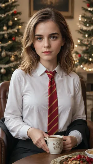 hyperrealistic portrait of an 18-year-old Emma Watson, (Hermione Granger), in Hogwarts during Christmas time. She is wearing her complete Gryffindor uniform, (white shirt, red and gold striped tie, black robes), . Setting, the cozy Gryffindor common room, decorated with Christmas ornaments, twinkling fairy lights, a roaring fireplace, and a large Christmas tree. She is sitting in a leather armchair, a thick old book on her lap, a cup of hot cocoa on a side table. Warm, festive, and magical atmosphere. Soft lighting from the fireplace and Christmas lights. Cinematic, detailed, 8k, photorealistic, shot on portrait lens., emmawatsonv3, <lora:Emma_Watson_V4_SDXL_101:1.4>